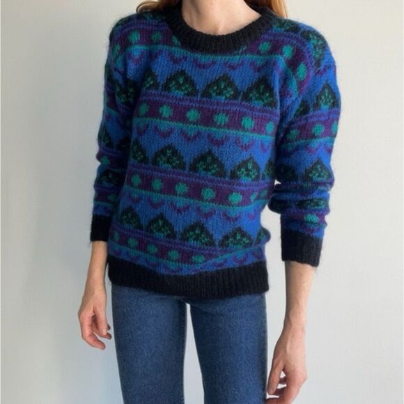 80s Vintage Gallagher Crewneck Blue and Black Patterned Mohair Sweater Small - Picture 1 of 6
